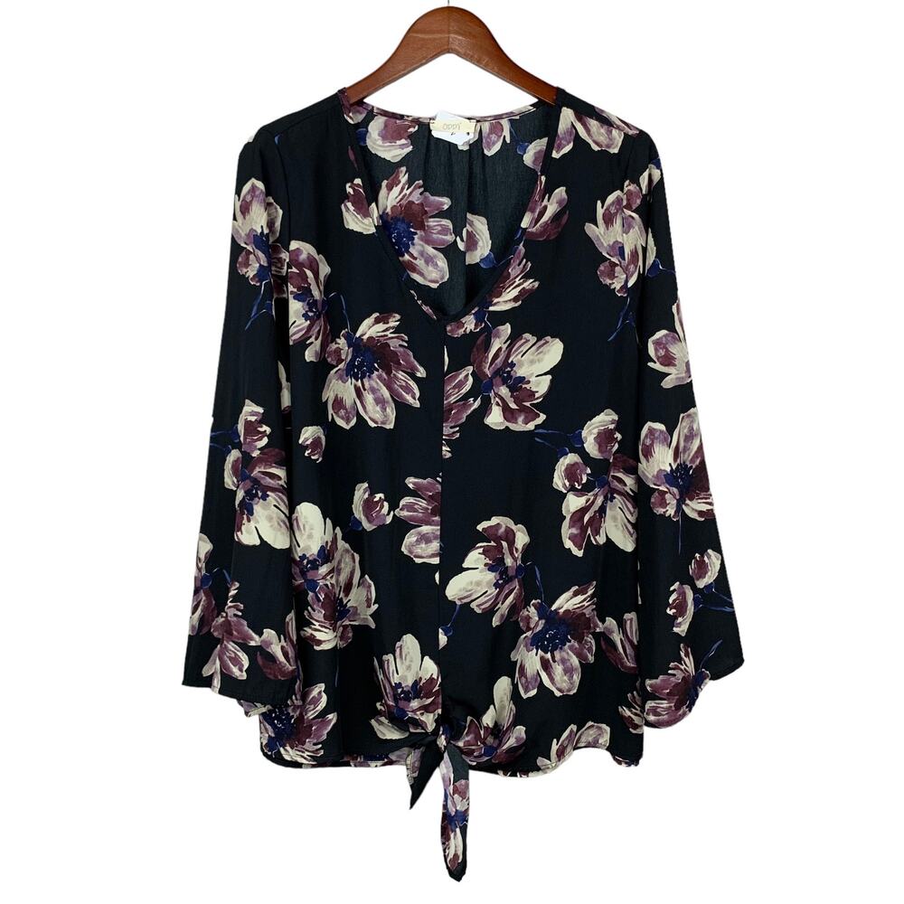 ODDY Black Floral Tie-Front Blouse with Cream and Purple Flowers